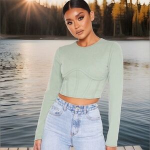 ◼️ NEW PLT Sage Crepe Structured Underbust Long Sleeve Crop Top US 4 • UK 8